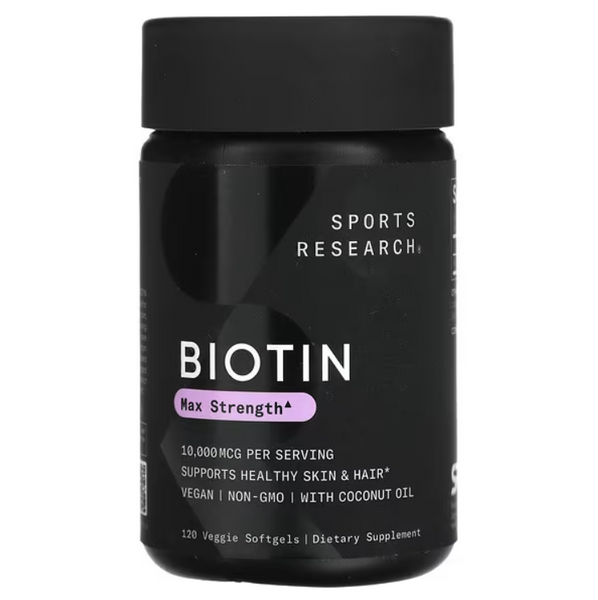 Sports Research Biotin with Coconut Oil 10000 mcg Біотин з кокосовим маслом 120 Veggie Softgels, 120 шт