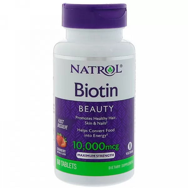 Natrol Biotin Maximum Strength Strawberry 10 000 mcg 60 Tablets, 60 шт