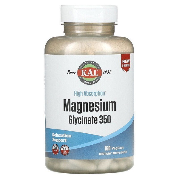 KAL Magnesium Glycinate 350 Гліцинат магнію з високою абсорбцією 160 VegCaps, 160 шт