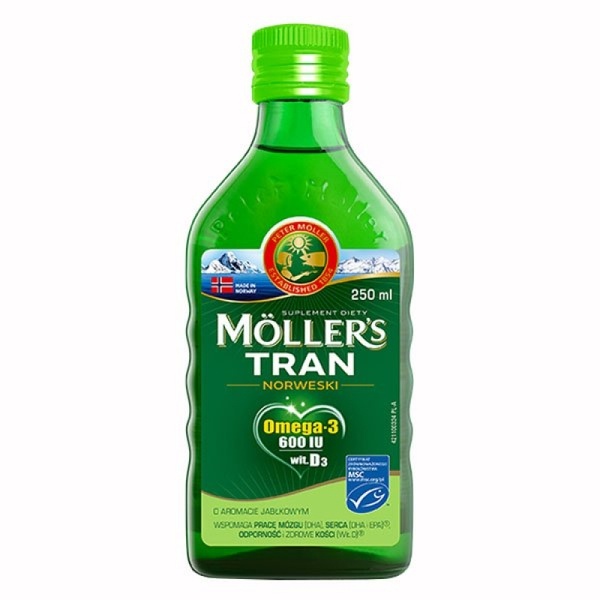 Mollers Natural Norwegian Fish Oil tran omega-3 норвезький риб'ячий жир зі смаком яблука, 250 ml