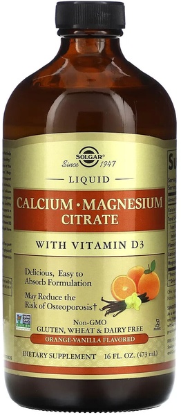 Solgar Liquid Calcium Magnesium Citrate With Vitamin D3 зі смаком апельсину, 473 ml