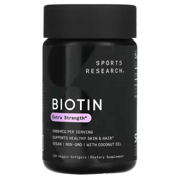 Sports Research Biotin with Coconut Oil 5000 mcg Біотин з кокосовим маслом 120 Veggie Softgels, 120 шт